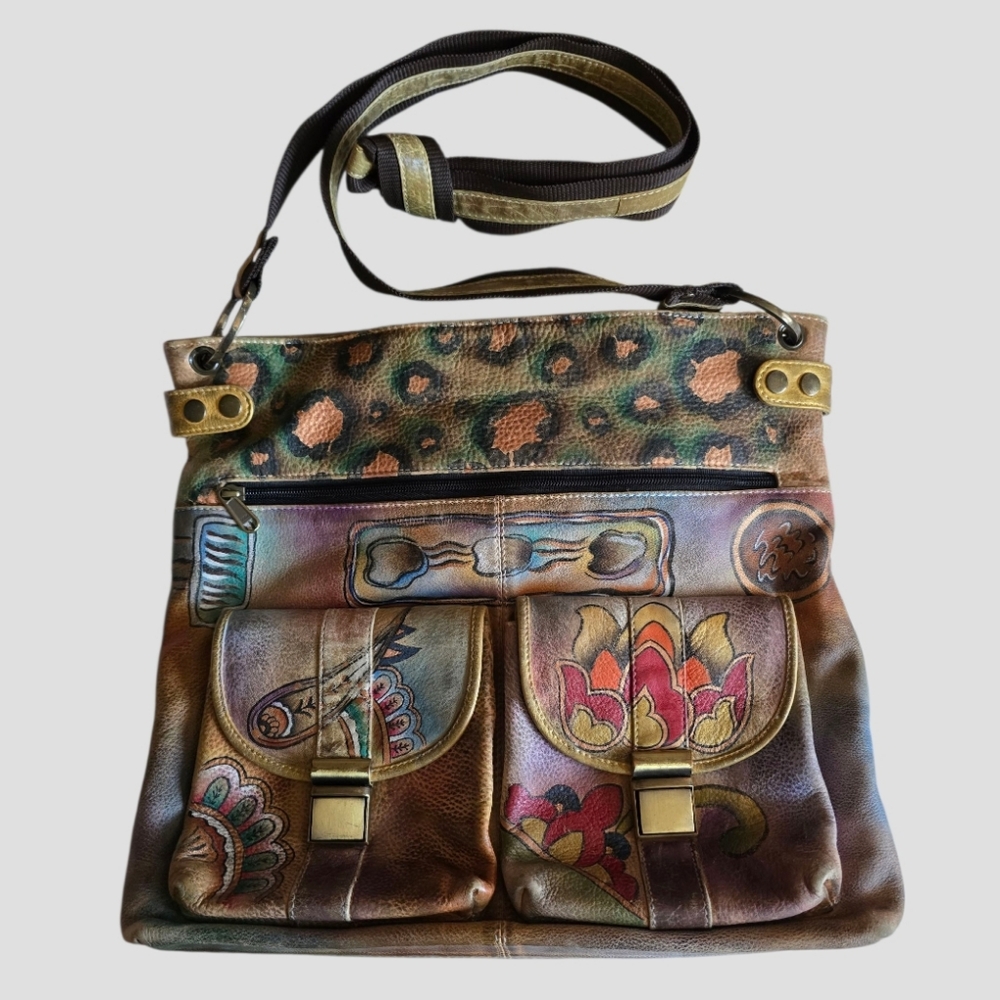 Anuschka Handpainted Messenger Bag Womens Multi Leather Crossbody Art to Wear